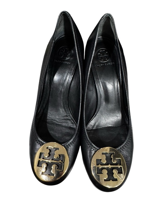 Tory Burch Shoes - Tory Burch Black Leather Flats with Gold Logo Medallion